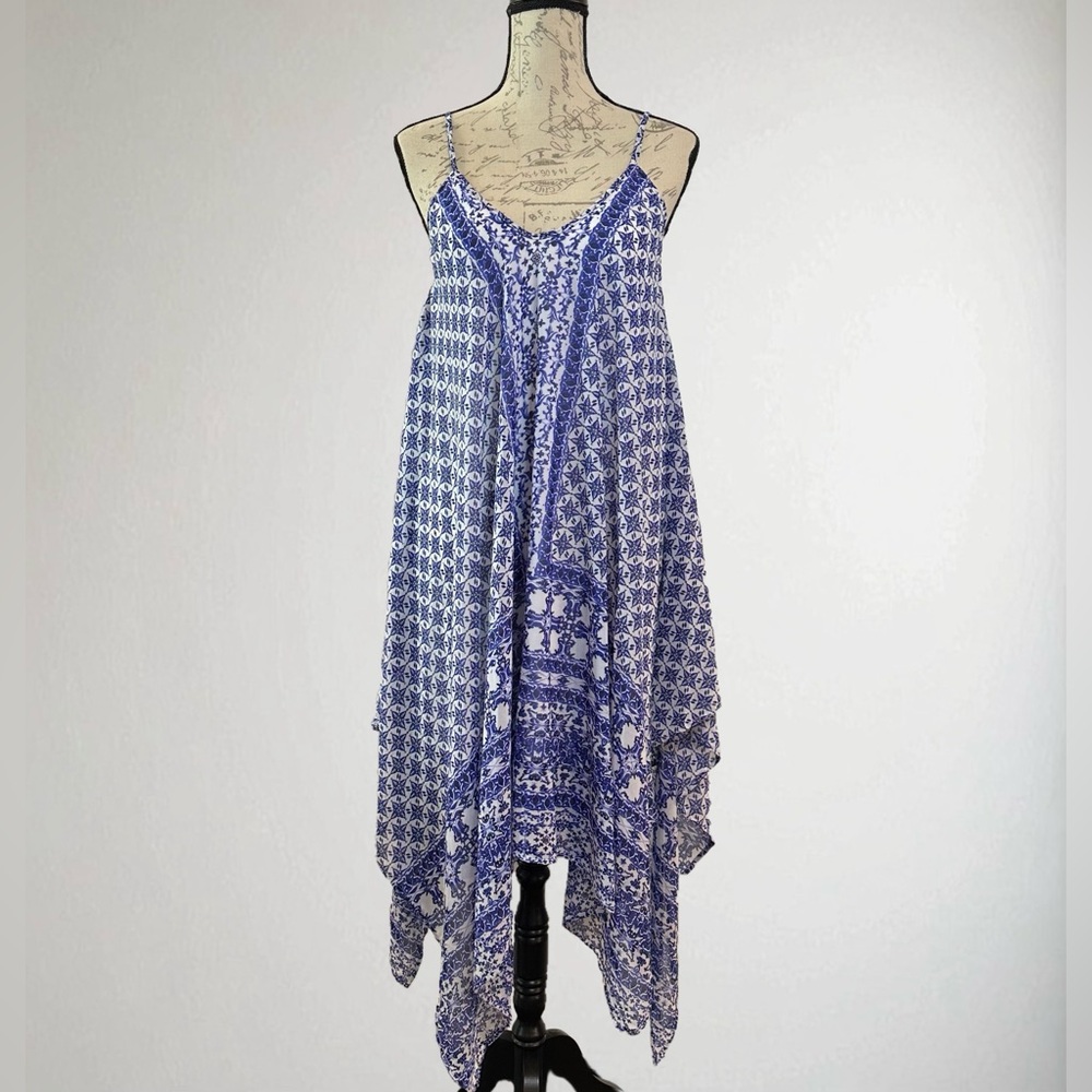 Midnight Sky Blue and White Boho Handkerchief Hem Dress